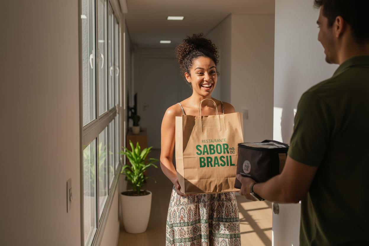Cliente feliz recebendo pedido de delivery