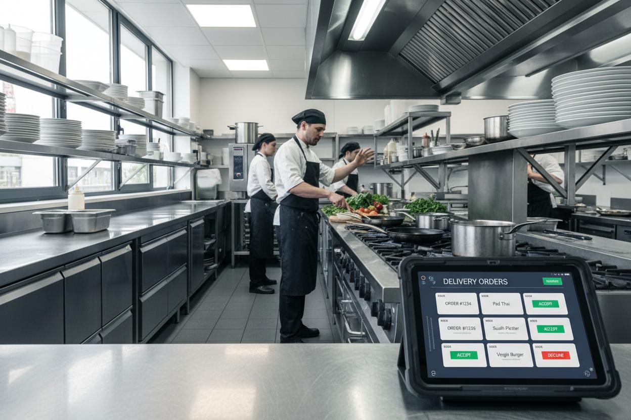 Tablet em cozinha mostrando pedidos de delivery